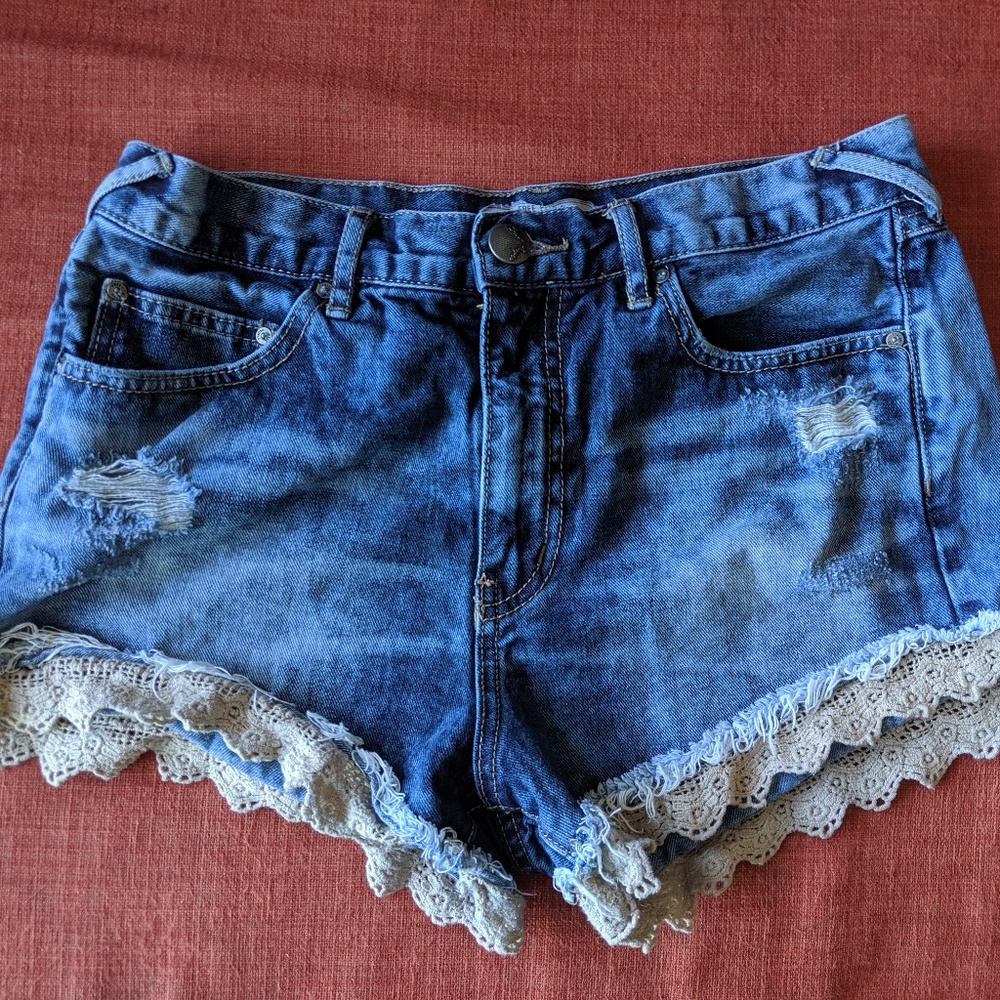 Free People Lace Trim Denim Jean Cutoff Shorts 28